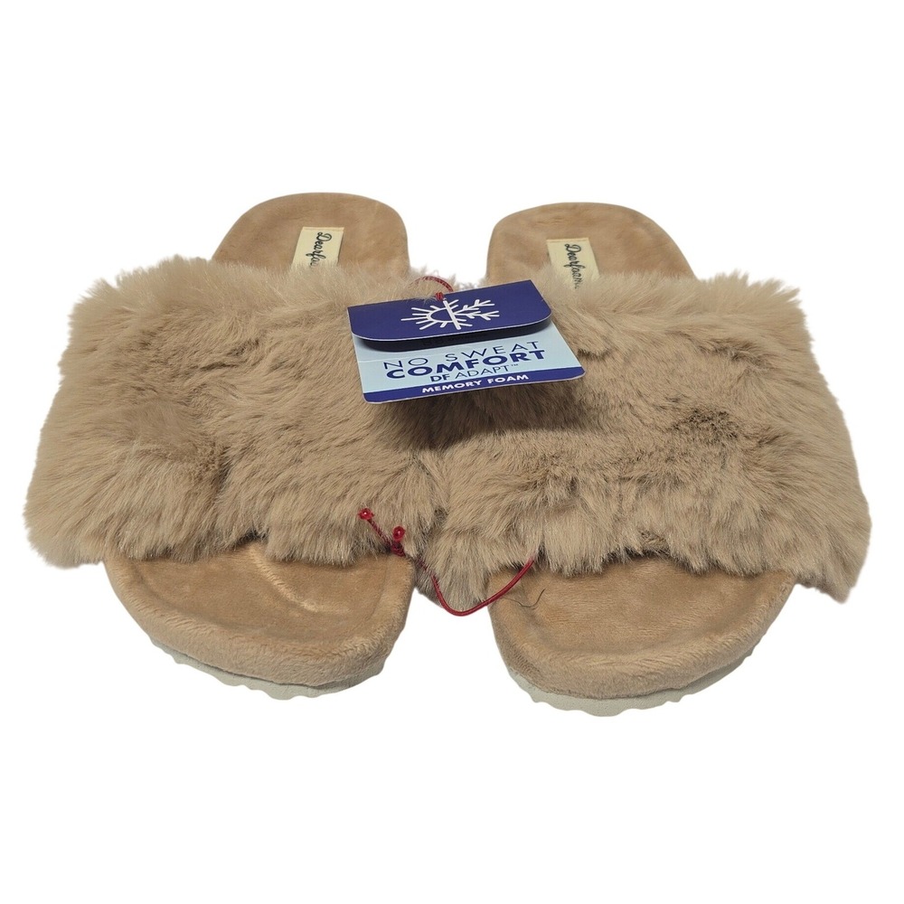 Dearfoams Womens Faux Fur Slide Slippers Tan Beige Memory Foam Size 5-6 S NWT